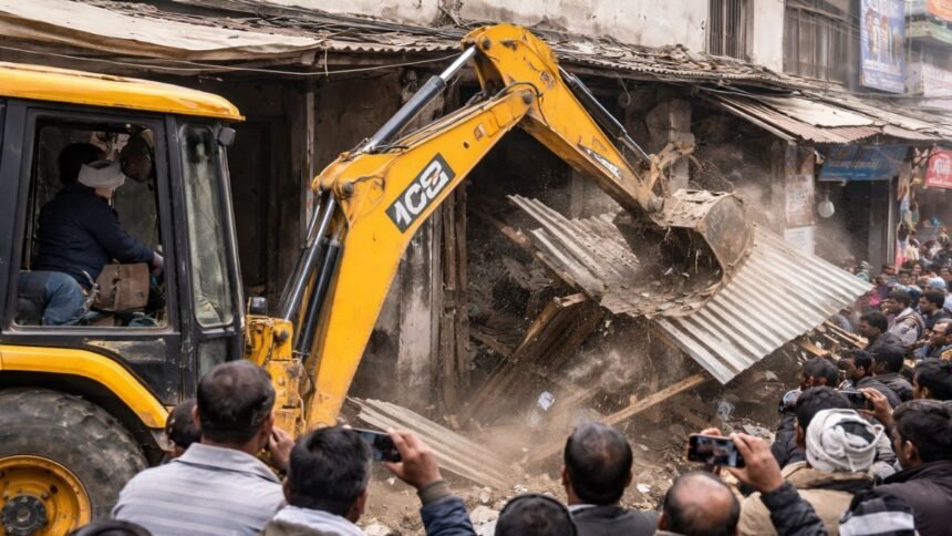 ambedkar nagar me avaidh atikraman par bulldozer action
