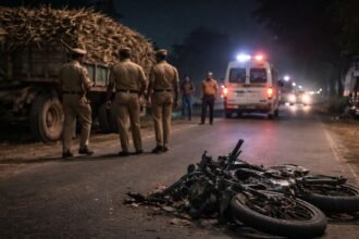 Alt Text: अंबेडकर नगर में सड़क हादसे के बाद पुलिस जांच