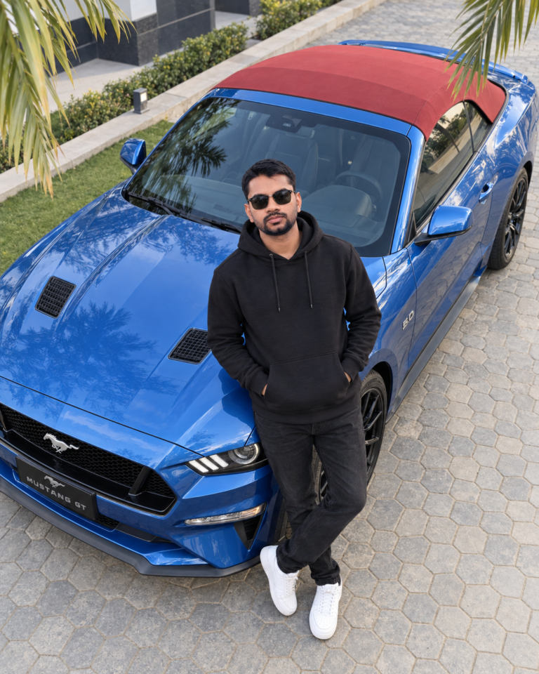 Black Hoodie Car Portrait with Blue Mustang GT