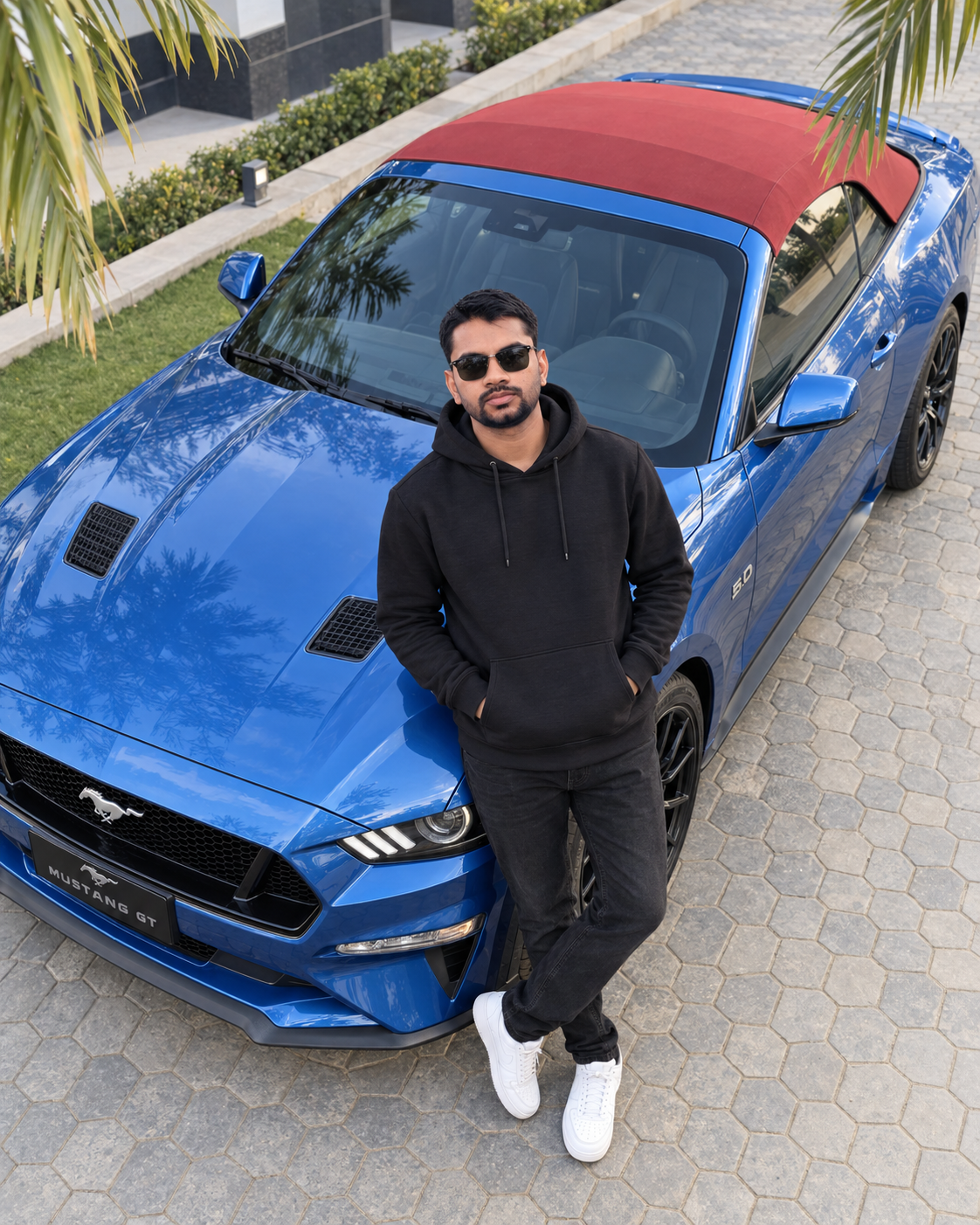 Black Hoodie Car Portrait with Blue Mustang GT